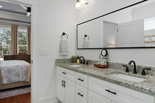 8858 Silver Maple Dr, Ooltewah, TN 37363 - ensuite bathroom with double vanity, connected bathroom, a sink, and wood finished floors