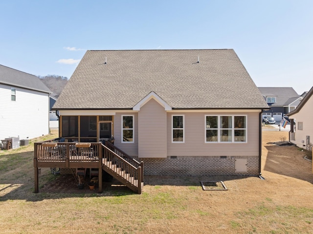 8858 Silver Maple Dr, Ooltewah, TN 37363 - rear view of property with roof with shingles, a lawn, stairway, a sunroom, and a wooden deck