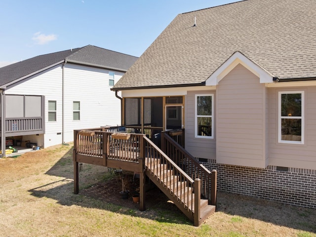 8858 Silver Maple Dr, Ooltewah, TN 37363 - back of house featuring roof with shingles, a lawn, stairway, and a wooden deck