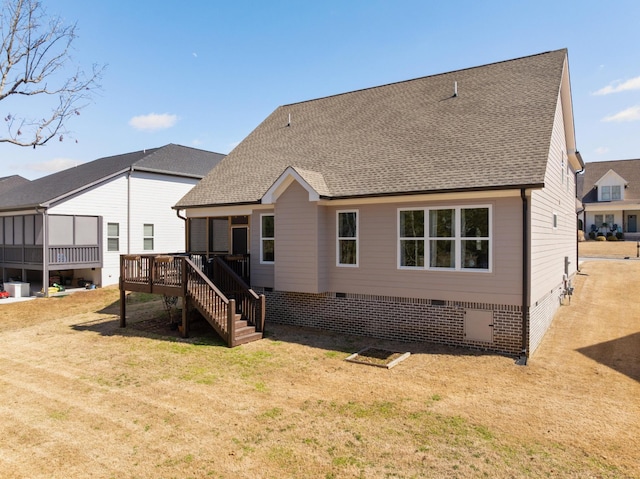 8858 Silver Maple Dr, Ooltewah, TN 37363 - rear view of property with a yard, a shingled roof, stairway, crawl space, and a deck