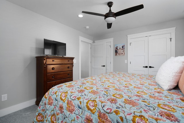 8858 Silver Maple Dr, Ooltewah, TN 37363 - carpeted bedroom with a closet, recessed lighting, a ceiling fan, and baseboards