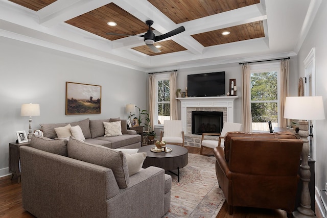 8858 Silver Maple Dr, Ooltewah, TN 37363 - living area with wooden ceiling, coffered ceiling, a fireplace, wood finished floors, and beamed ceiling