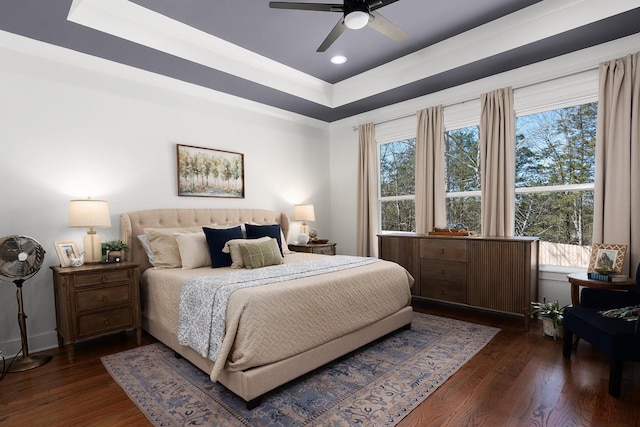 8858 Silver Maple Dr, Ooltewah, TN 37363 - bedroom featuring recessed lighting, a raised ceiling, dark wood finished floors, and ceiling fan