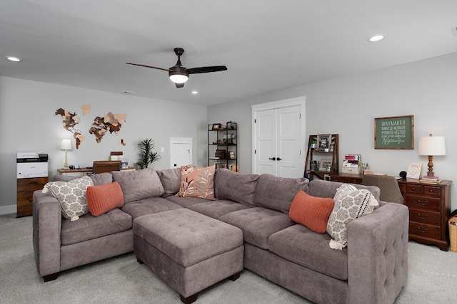 8858 Silver Maple Dr, Ooltewah, TN 37363 - living area with light carpet, ceiling fan, and recessed lighting
