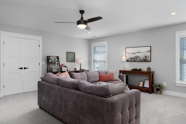 8858 Silver Maple Dr, Ooltewah, TN 37363 - carpeted living room with ceiling fan, baseboards, and recessed lighting