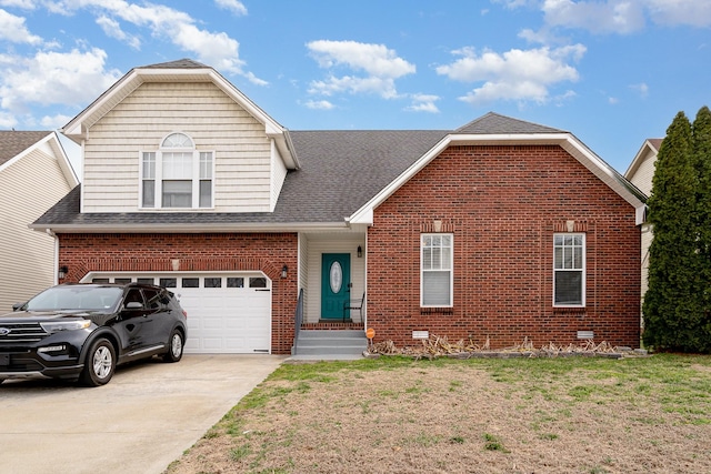 view of front of home with driveway, brick siding, and roof with shingles