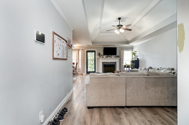 living area featuring a fireplace, a raised ceiling, ornamental molding, wood finished floors, and baseboards