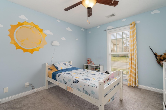 bedroom featuring carpet floors, visible vents, ceiling fan, and baseboards