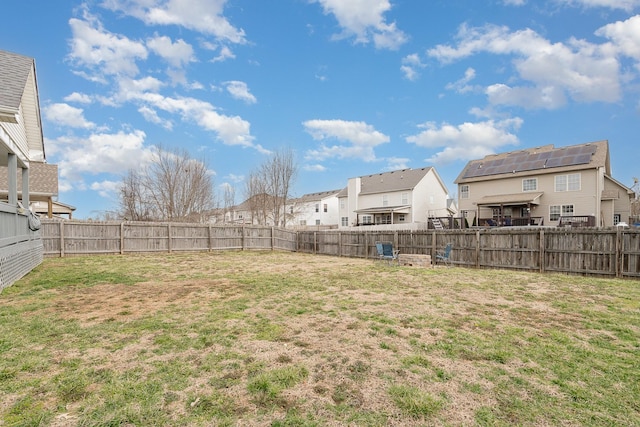 view of yard with a fenced backyard and a residential view