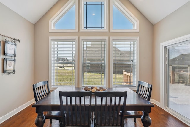 dining room featuring lofted ceiling, wood finished floors, and a healthy amount of sunlight