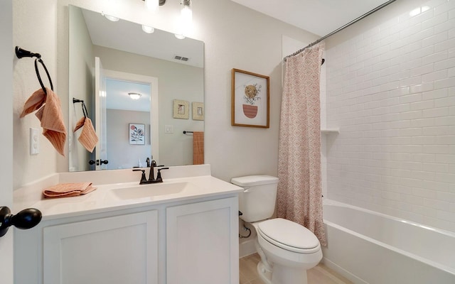 full bathroom featuring visible vents, toilet, vanity, and shower / bath combination with curtain