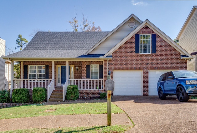 traditional-style house featuring brick siding, roof with shingles, a porch, concrete driveway, and a garage