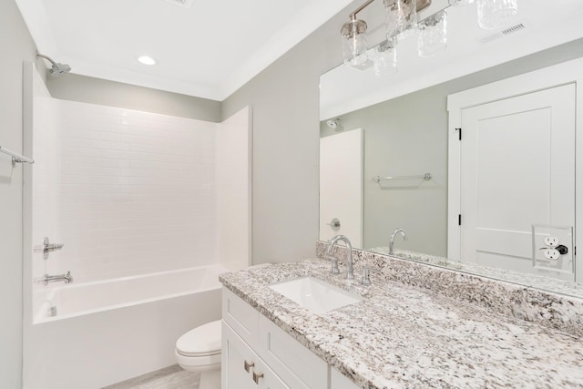 bathroom with toilet, shower / bath combination, visible vents, and vanity