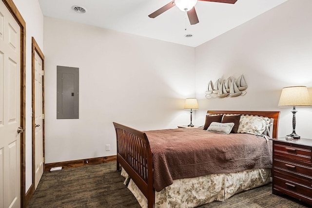 carpeted bedroom featuring baseboards, electric panel, visible vents, and ceiling fan