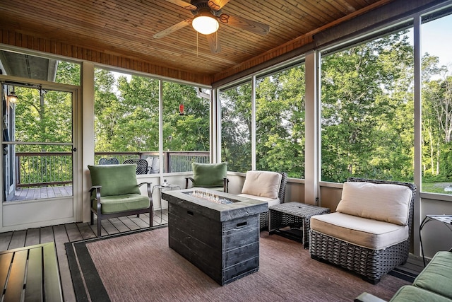 sunroom featuring wooden ceiling, a healthy amount of sunlight, and ceiling fan