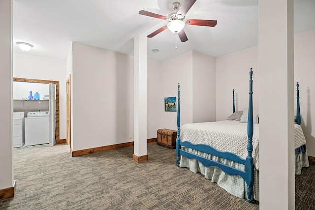 carpeted bedroom with a ceiling fan, baseboards, and washing machine and clothes dryer