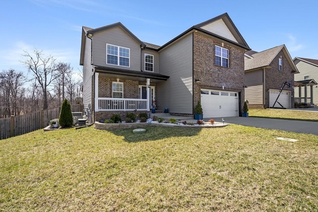 view of front of home featuring fence, covered porch, concrete driveway, an attached garage, and brick siding