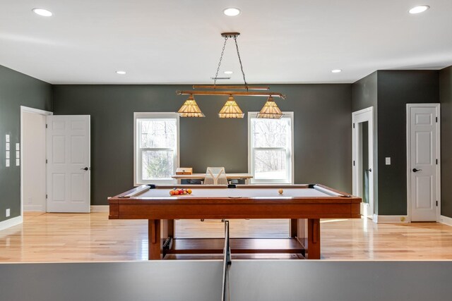 recreation room featuring billiards, light wood-style flooring, and recessed lighting