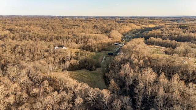 aerial view featuring a wooded view