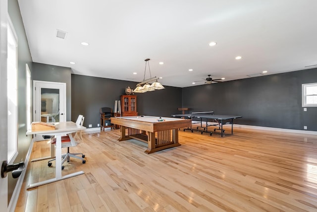 recreation room with recessed lighting, pool table, visible vents, baseboards, and light wood finished floors