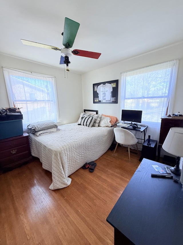 bedroom featuring a ceiling fan, multiple windows, and wood finished floors