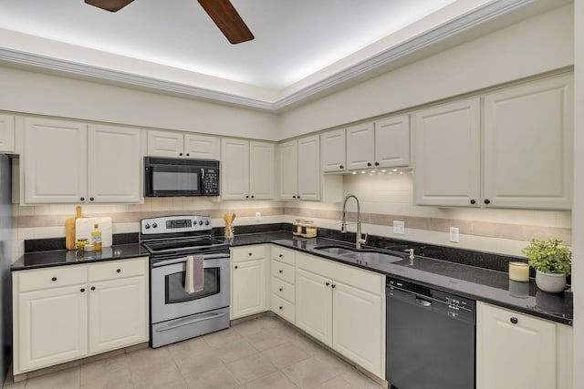 kitchen featuring electric stove, dishwashing machine, backsplash, black microwave, and a sink