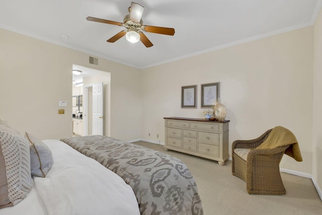 bedroom featuring baseboards, crown molding, and light colored carpet