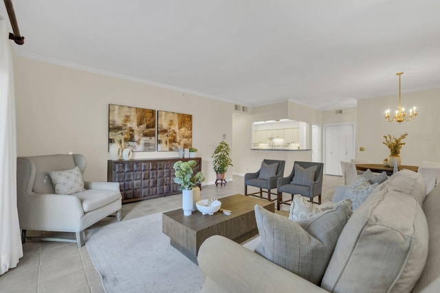 living area with light tile patterned floors, visible vents, a chandelier, and crown molding