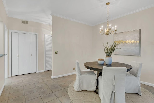 dining room featuring ornamental molding, visible vents, baseboards, and light tile patterned floors