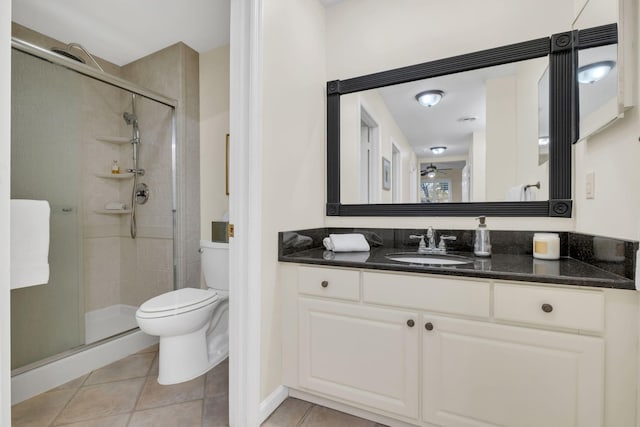 bathroom with vanity, a shower stall, toilet, and tile patterned floors