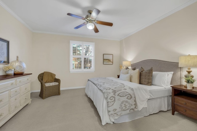 bedroom featuring ornamental molding, light carpet, ceiling fan, and baseboards