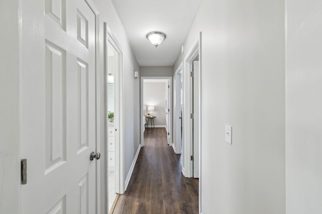 hall featuring baseboards and dark wood-type flooring