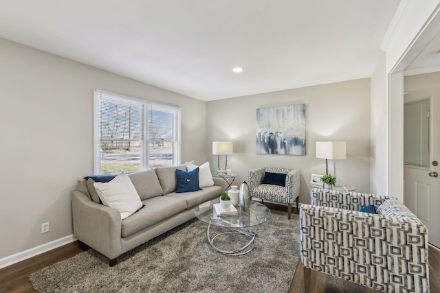 living area featuring baseboards, wood finished floors, and recessed lighting