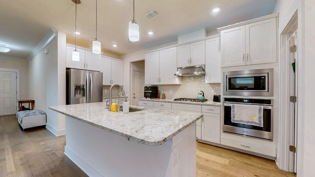 kitchen featuring under cabinet range hood, a sink, appliances with stainless steel finishes, light wood-type flooring, and tasteful backsplash