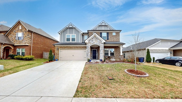 craftsman house featuring a garage, driveway, and a front lawn