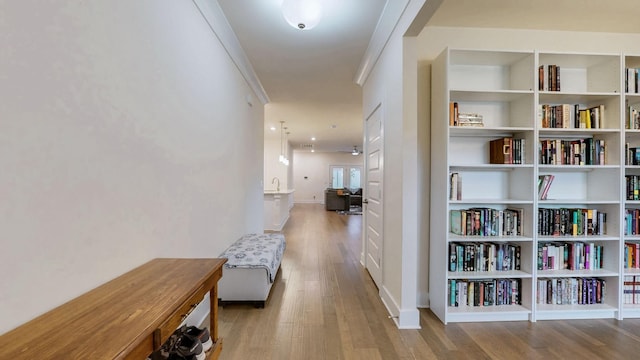 hallway featuring a sink, wood finished floors, and baseboards