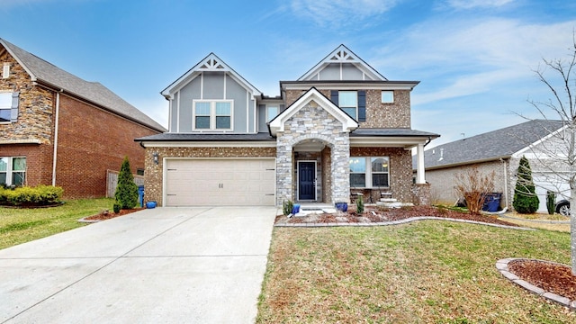 craftsman-style home featuring a garage, driveway, stone siding, a front yard, and brick siding