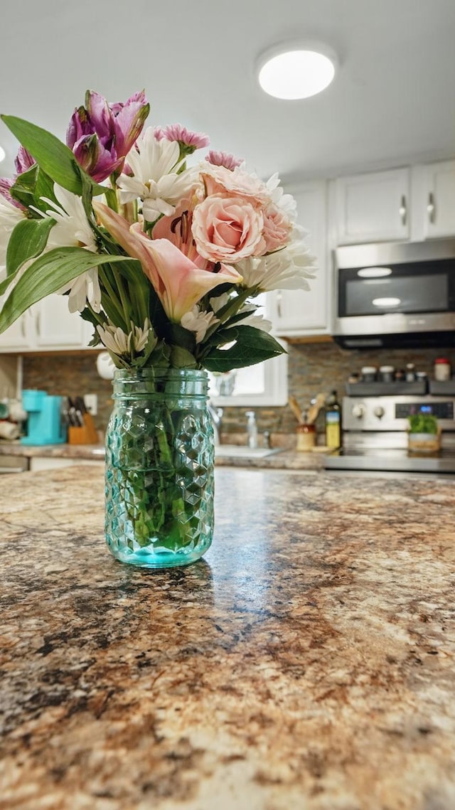 room details featuring stainless steel appliances and white cabinetry