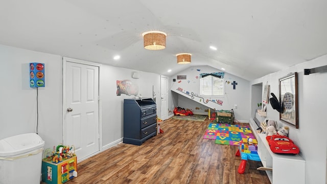 game room with lofted ceiling, light wood-style flooring, and baseboards