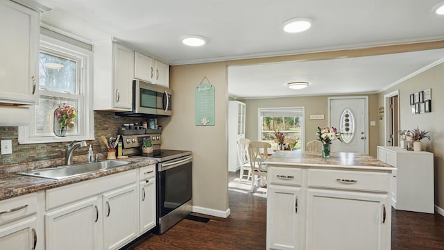 kitchen with dark wood-type flooring, a sink, appliances with stainless steel finishes, decorative backsplash, and crown molding