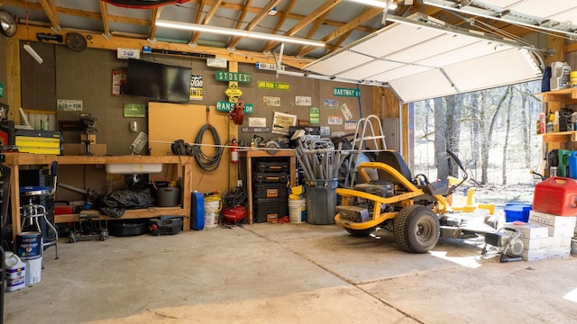 garage featuring a workshop area