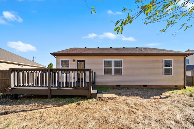 rear view of property featuring crawl space, a wooden deck, and fence