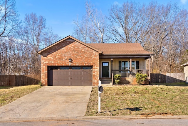 ranch-style house with concrete driveway, an attached garage, covered porch, fence, and brick siding