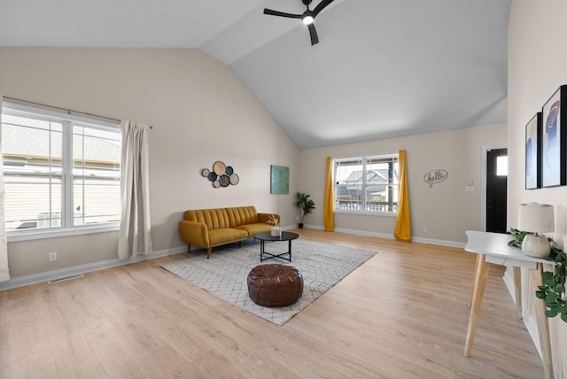 living area featuring baseboards, visible vents, ceiling fan, wood finished floors, and high vaulted ceiling