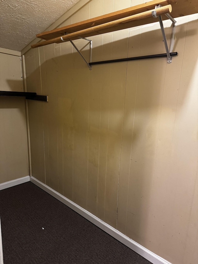 walk in closet featuring lofted ceiling and dark colored carpet