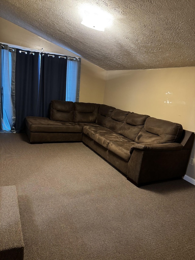 carpeted living area with lofted ceiling and a textured ceiling