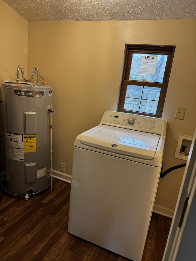 washroom with dark wood-style floors, laundry area, washer / clothes dryer, and electric water heater