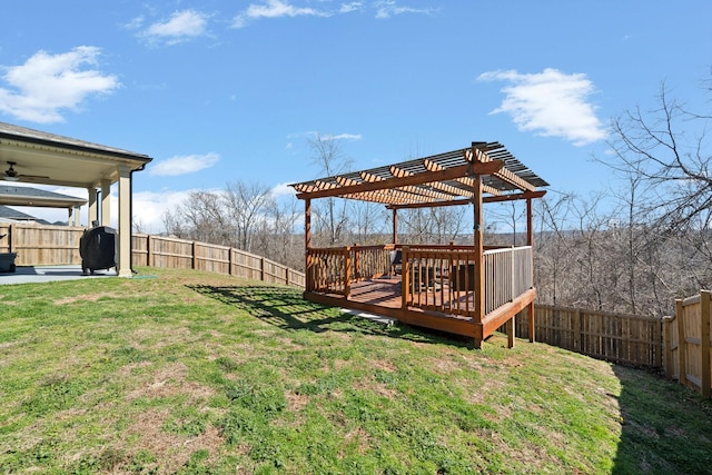 view of yard with a fenced backyard, a wooden deck, and a pergola