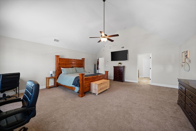 bedroom featuring high vaulted ceiling, carpet flooring, visible vents, and baseboards