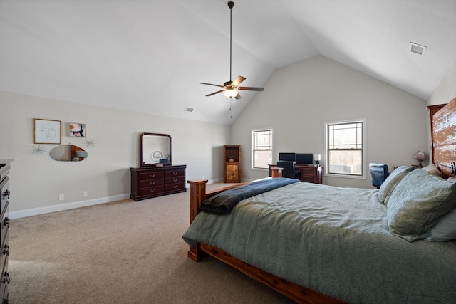 bedroom with visible vents, baseboards, ceiling fan, carpet, and high vaulted ceiling